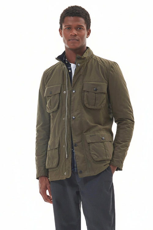 Barbour wax jacket in olive green with stand collar, button front, and chest pockets