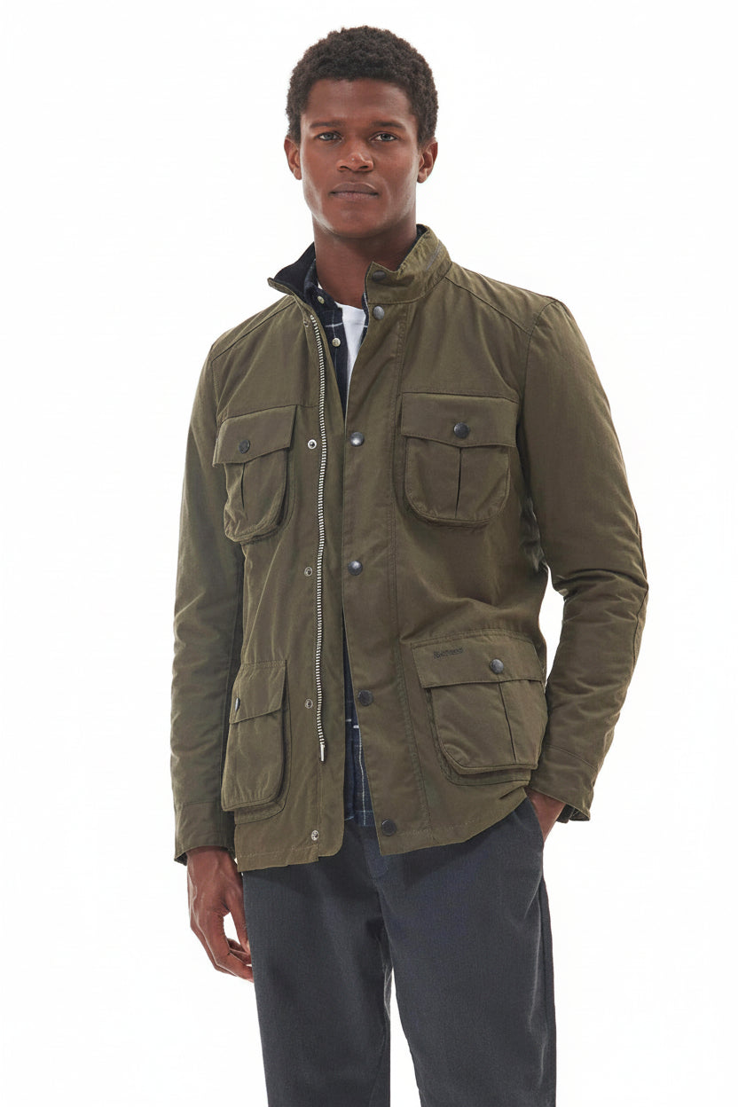 Barbour wax jacket in olive green with stand collar, button front, and chest pockets