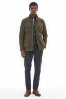 Men's olive wax jacket with button front, stand collar, and four flap pockets