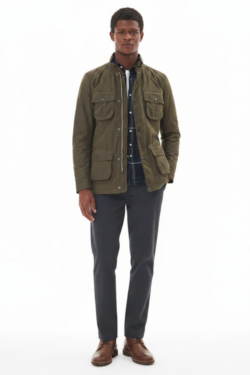 Men's olive wax jacket with button front, stand collar, and four flap pockets