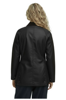 Women’s black wax jacket, back view, centered seam details and button side tabs