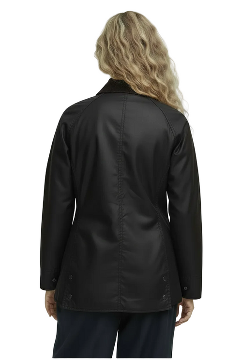 Women’s black wax jacket, back view, centered seam details and button side tabs