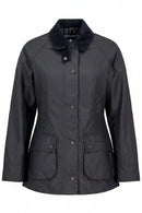 Women’s black wax jacket with collared neckline, button front, and two patch pockets