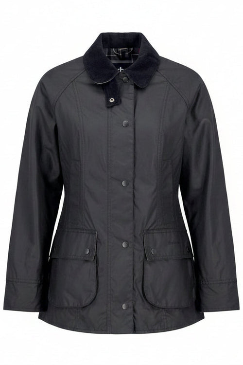 Women’s black wax jacket with collared neckline, button front, and two patch pockets