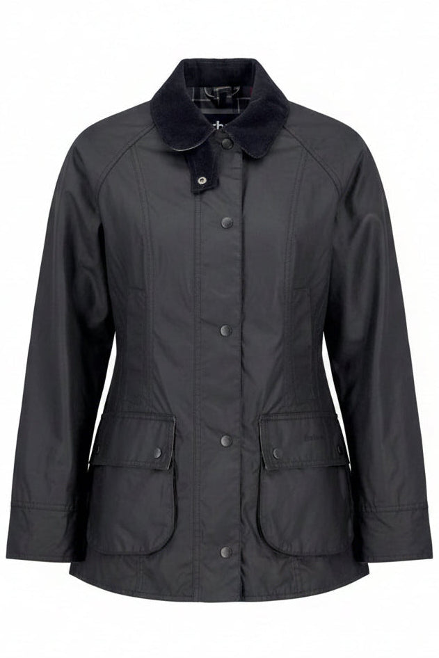 Women’s black wax jacket with collared neckline, button front, and two patch pockets