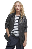 Women’s black wax jacket, open front with button placket and two patch pockets