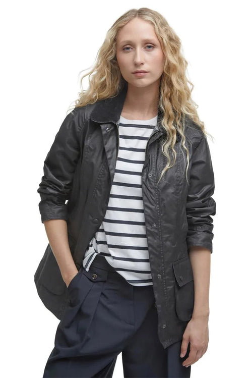 Women’s black wax jacket, open front with button placket and two patch pockets
