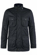 Men's black wax jacket with stand collar, central button placket, and dual flap pockets.