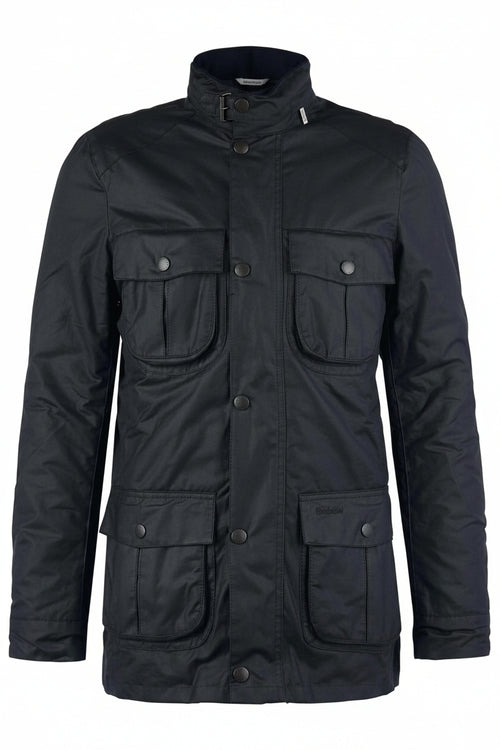 Men's black wax jacket with stand collar, central button placket, and dual flap pockets.