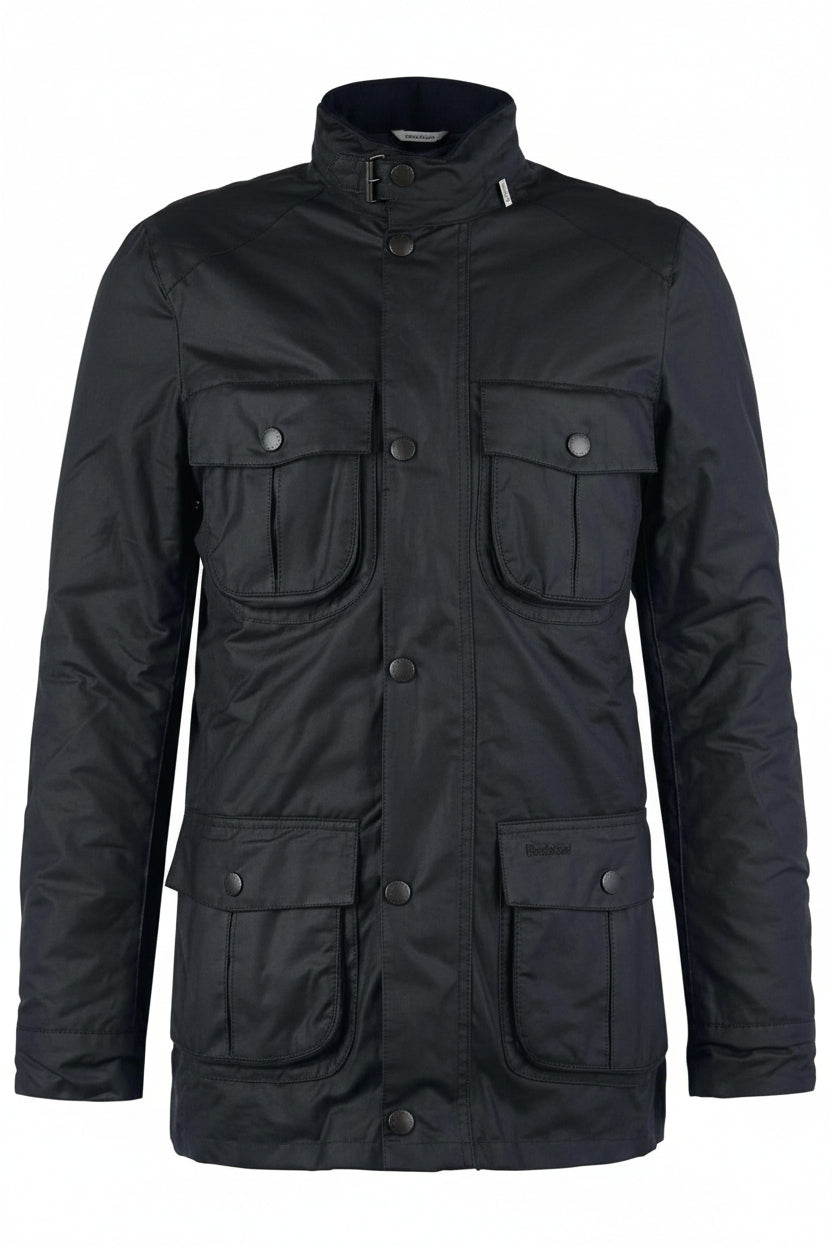 Men's black wax jacket with stand collar, central button placket, and dual flap pockets.