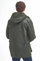 Men's waxed jacket with hood, dark green color, zip front, and side button pockets.
