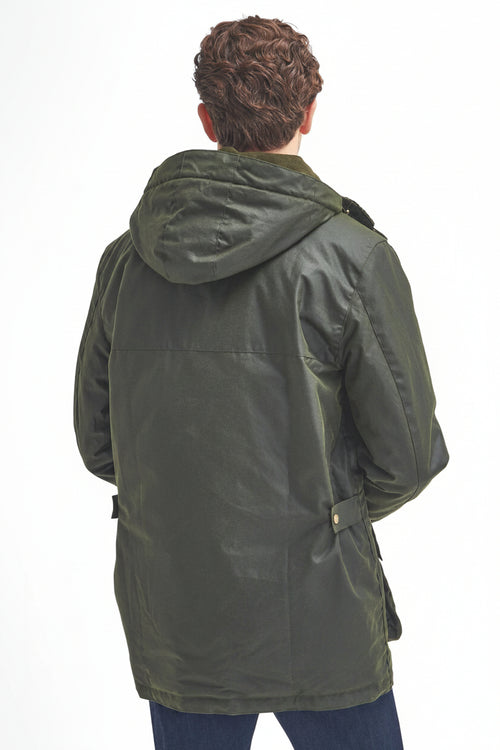 Men's waxed jacket with hood, dark green color, zip front, and side button pockets.
