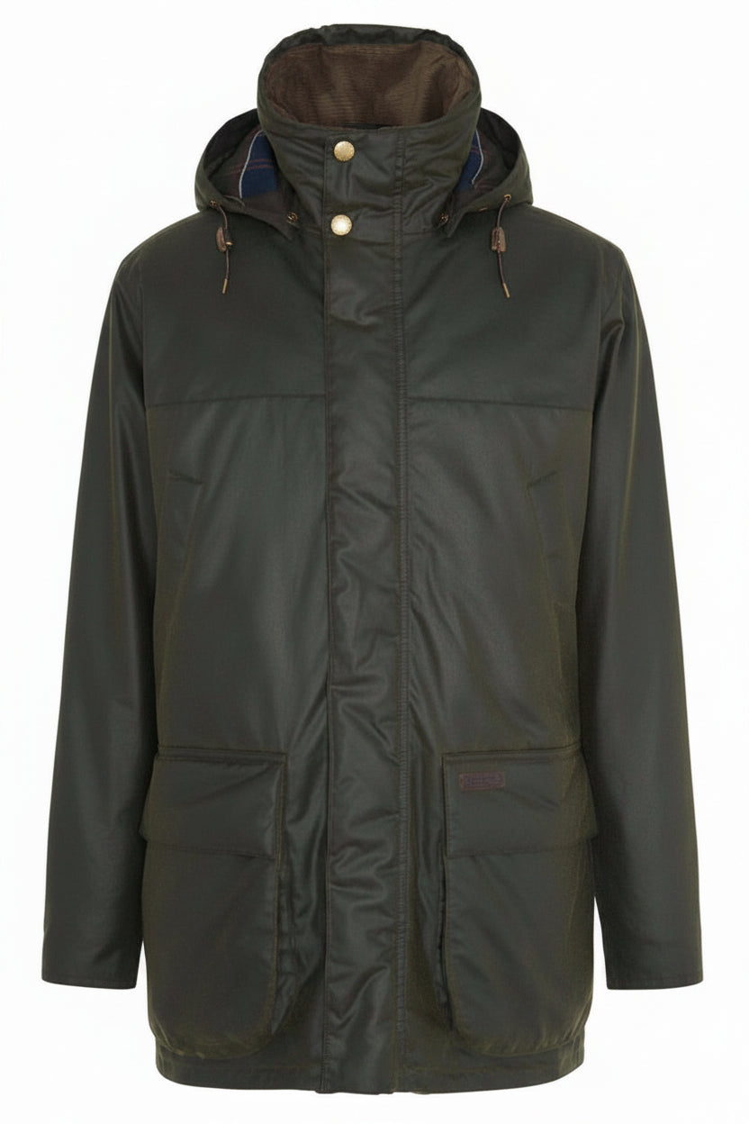 Men's dark green waxed jacket with hood, central zip, and button-up chest pockets.