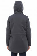 Dark navy waterproof jacket with hood, back view, zip front and vented back panel.
