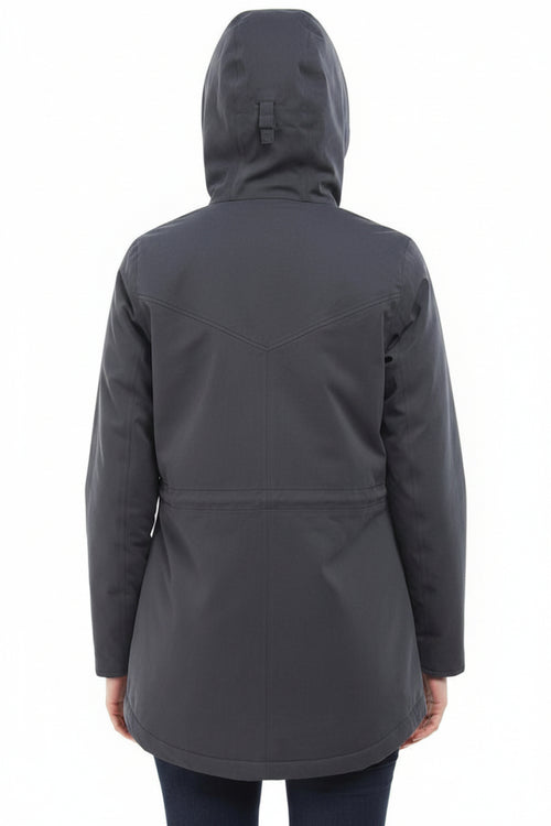 Dark navy waterproof jacket with hood, back view, zip front and vented back panel.