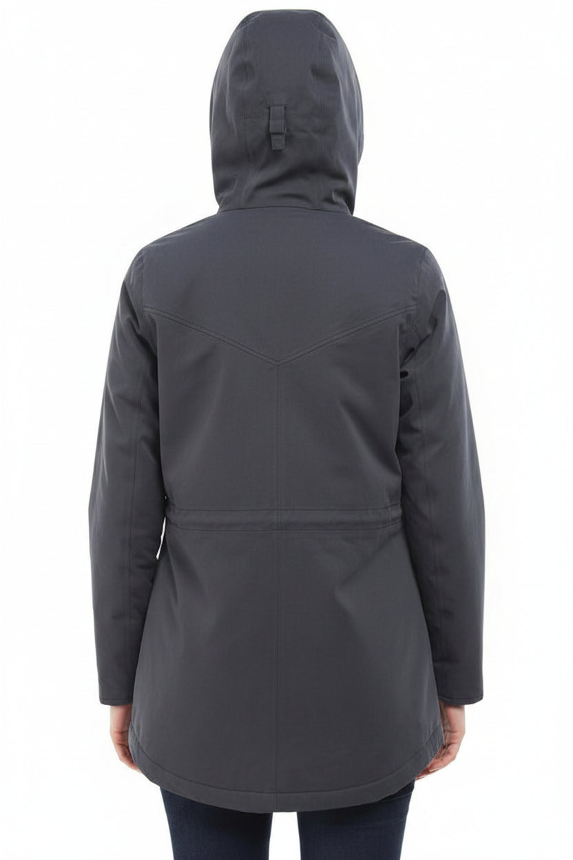Dark navy waterproof jacket with hood, back view, zip front and vented back panel.