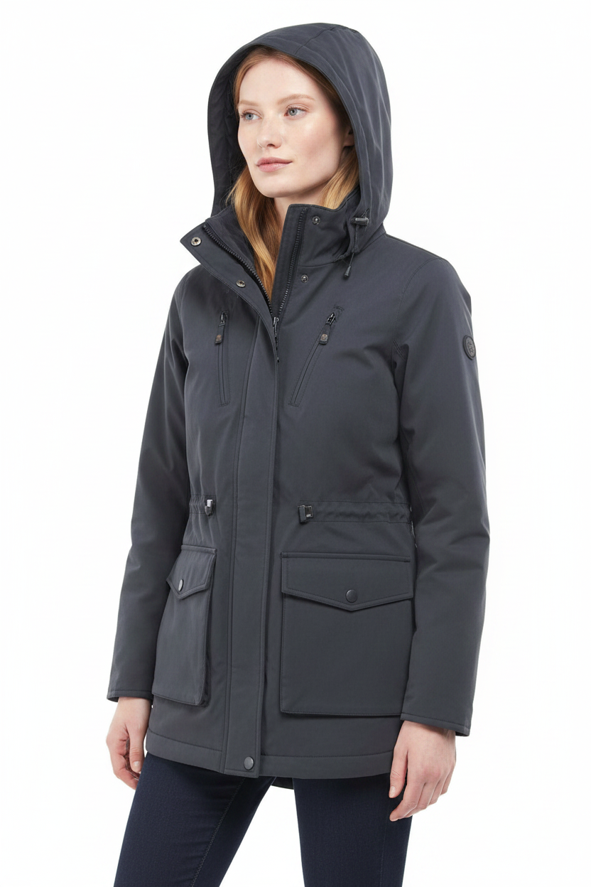 Dark navy waterproof jacket with hood, full-length zip front, and flap front pockets.