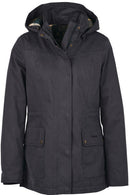 Barbour dark navy waterproof jacket with hood, front zip, and two flap pockets.