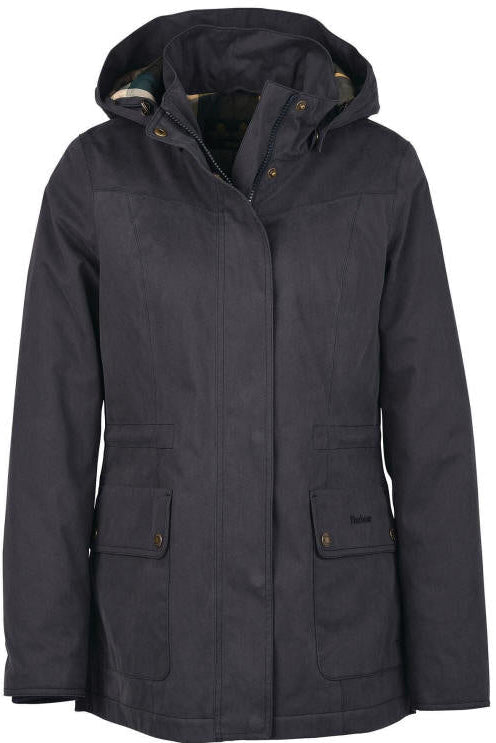 Barbour dark navy waterproof jacket with hood, front zip, and two flap pockets.