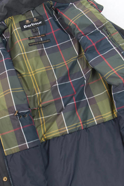 Waterproof jacket with Barbour plaid inner lining detail in green, red, and blue.