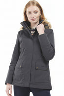Dark navy waterproof jacket with hood, front zip, and flap chest pockets.