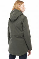 Olive waterproof hooded jacket with back yoke and drawstring, full-length sleeves