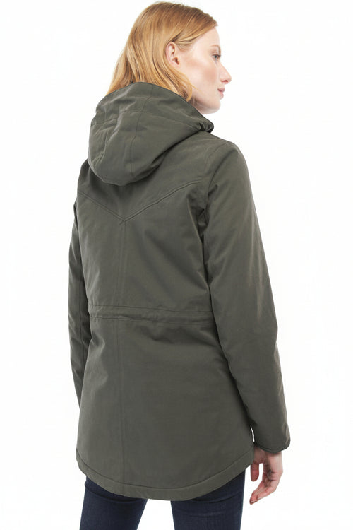 Olive waterproof hooded jacket with back yoke and drawstring, full-length sleeves