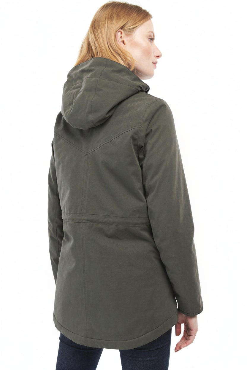 Olive waterproof hooded jacket with back yoke and drawstring, full-length sleeves
