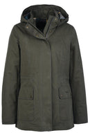 Olive waterproof hooded jacket with front zip, snap button placket, flap pockets