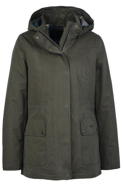 Olive waterproof hooded jacket with front zip, snap button placket, flap pockets