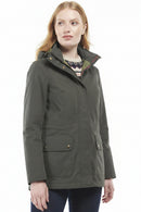 Olive hooded waterproof jacket with snap button front and flap pockets, standing collar