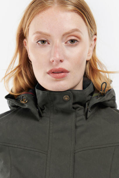 Dark olive hooded jacket collar with snap buttons and adjustable hood
