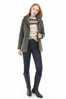 Olive waterproof hooded jacket with front flap pockets and short parka length