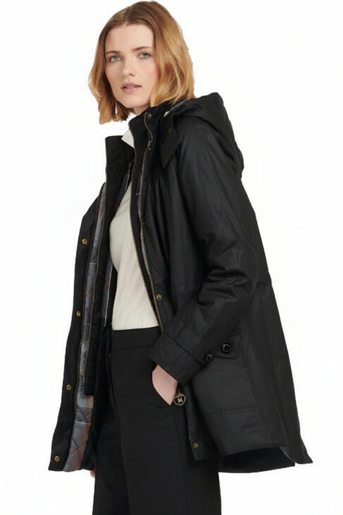Black wax jacket with hood and gold buttons, storm flap, buttoned cuffs