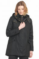 Black hooded wax jacket with gold-toned buttons, front zip, cinched waist