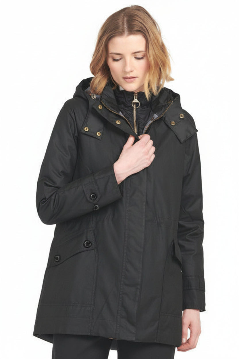 Black hooded wax jacket with gold-toned buttons, front zip, cinched waist