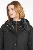 Black Barbour wax jacket, hooded zip front, gold buttons, flap pockets