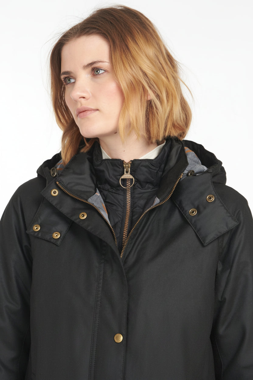Black Barbour wax jacket, hooded zip front, gold buttons, flap pockets