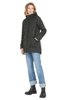 Black Barbour wax jacket, hood and storm flap, long sleeves, hip length