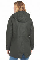 Back view of hooded wax jacket, dark green, snap closures and stand collar.