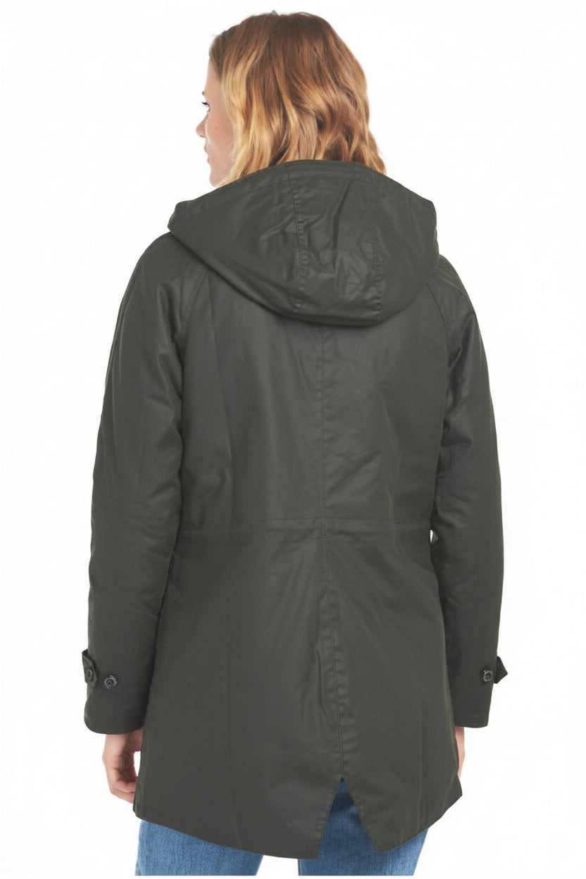 Back view of hooded wax jacket, dark green, snap closures and stand collar.