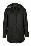 Hooded wax jacket in dark green with zip front, snap buttons, and side pockets.
