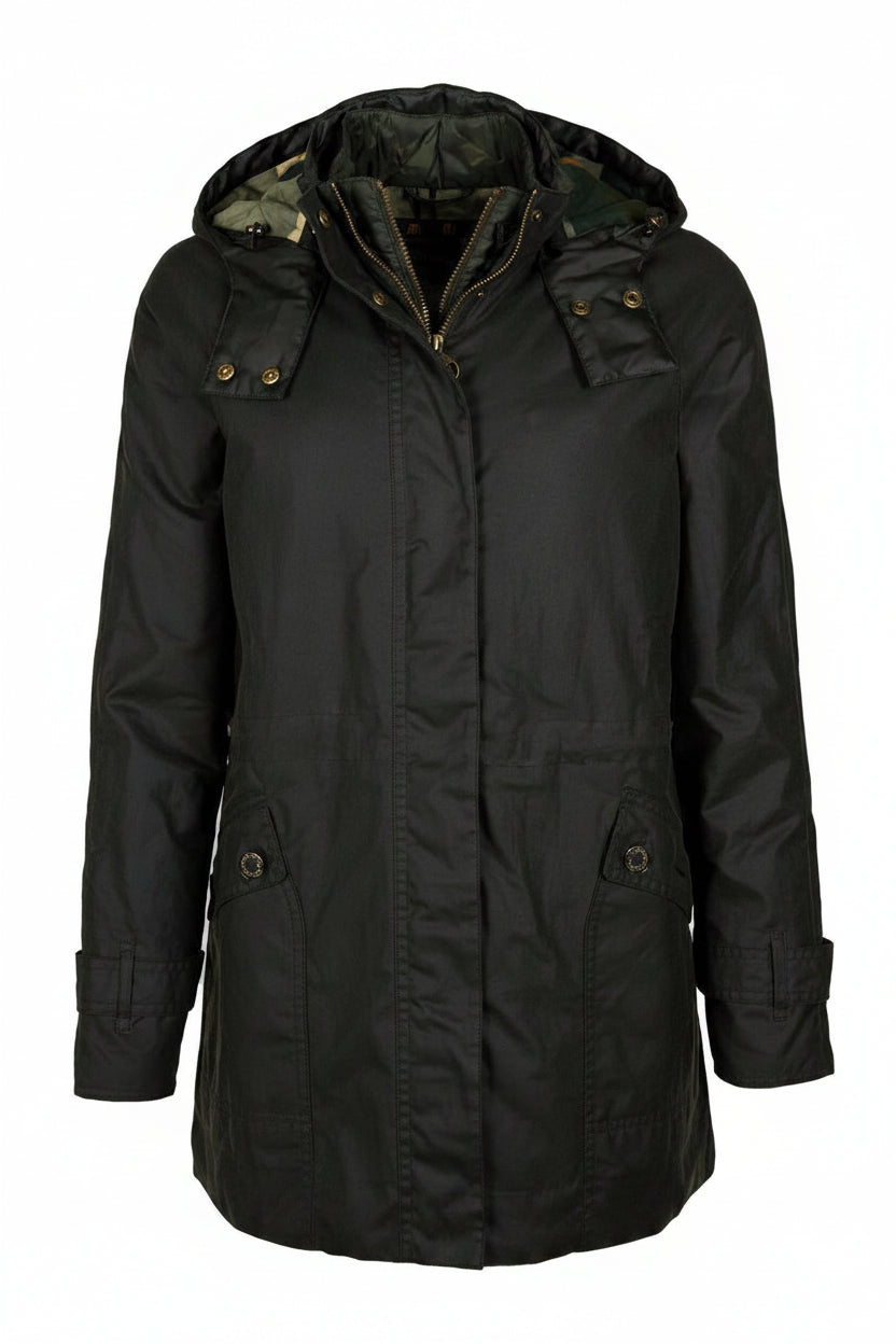 Hooded wax jacket in dark green with zip front, snap buttons, and side pockets.