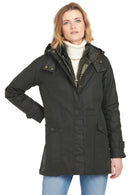 Front view hooded wax jacket with zip front, snap fasteners, dark green color.