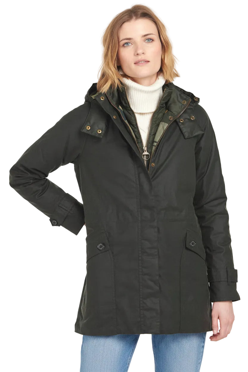 Front view hooded wax jacket with zip front, snap fasteners, dark green color.