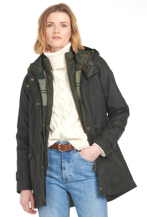 Wax jacket with hood, front zip and snap buttons, dark green with gold-toned hardware.