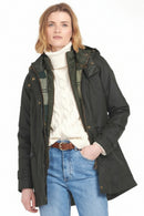 Dark Barbour wax jacket with hood, front zip, gold buttons, belted hem