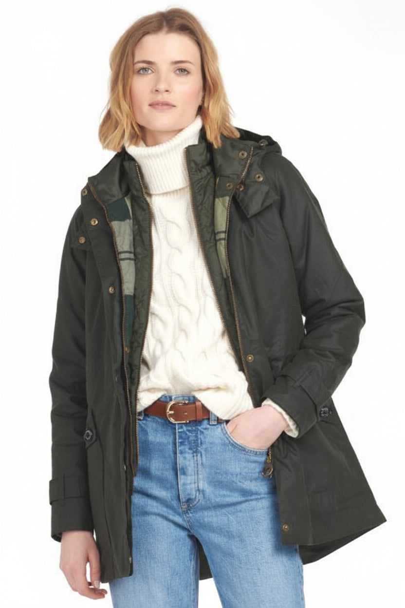 Dark Barbour wax jacket with hood, front zip, gold buttons, belted hem
