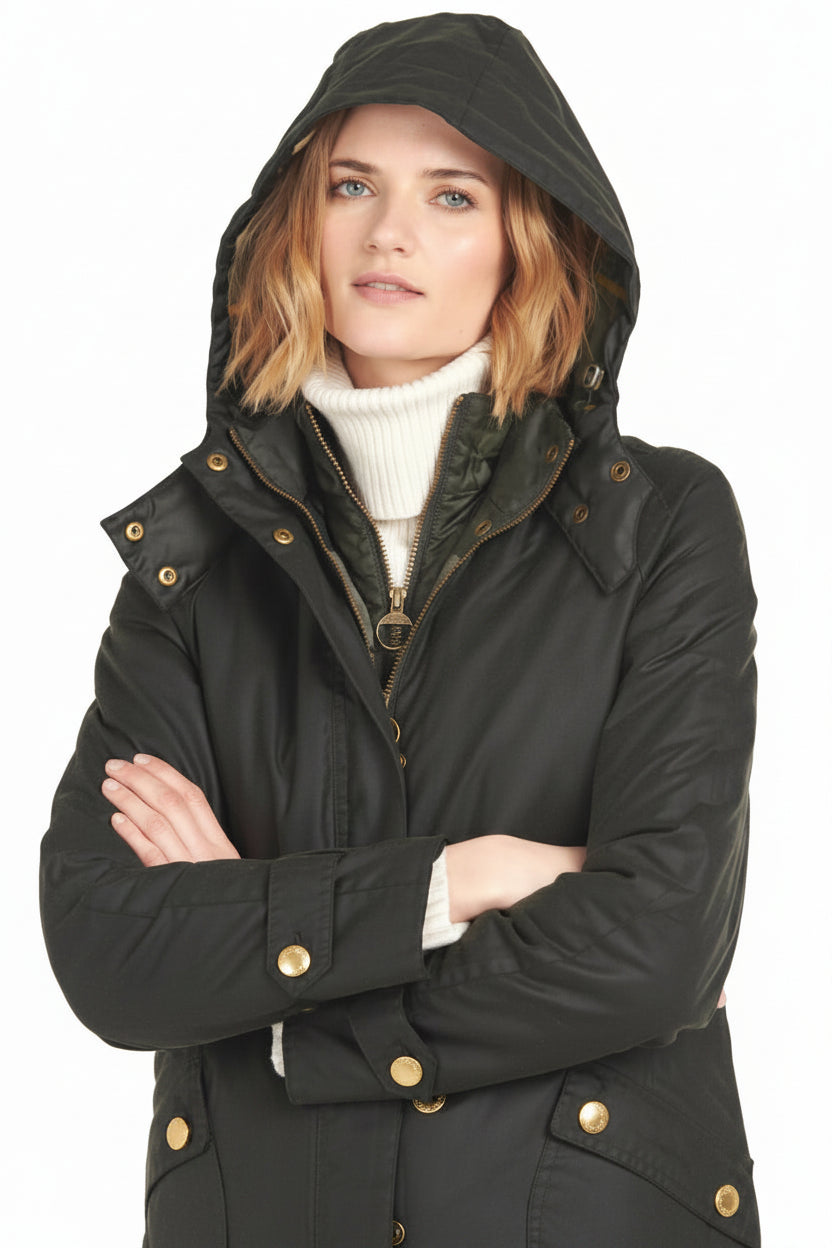 Wax jacket with hood up, front zip, gold snap buttons, dark green outerwear.