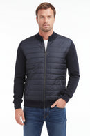 Barbour navy quilted zip sweater with full-length zipper and ribbed knit cuffs